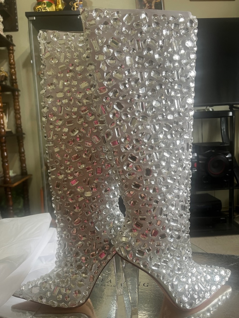 Brand New Crystal-Studded Silver Knee-High Boots